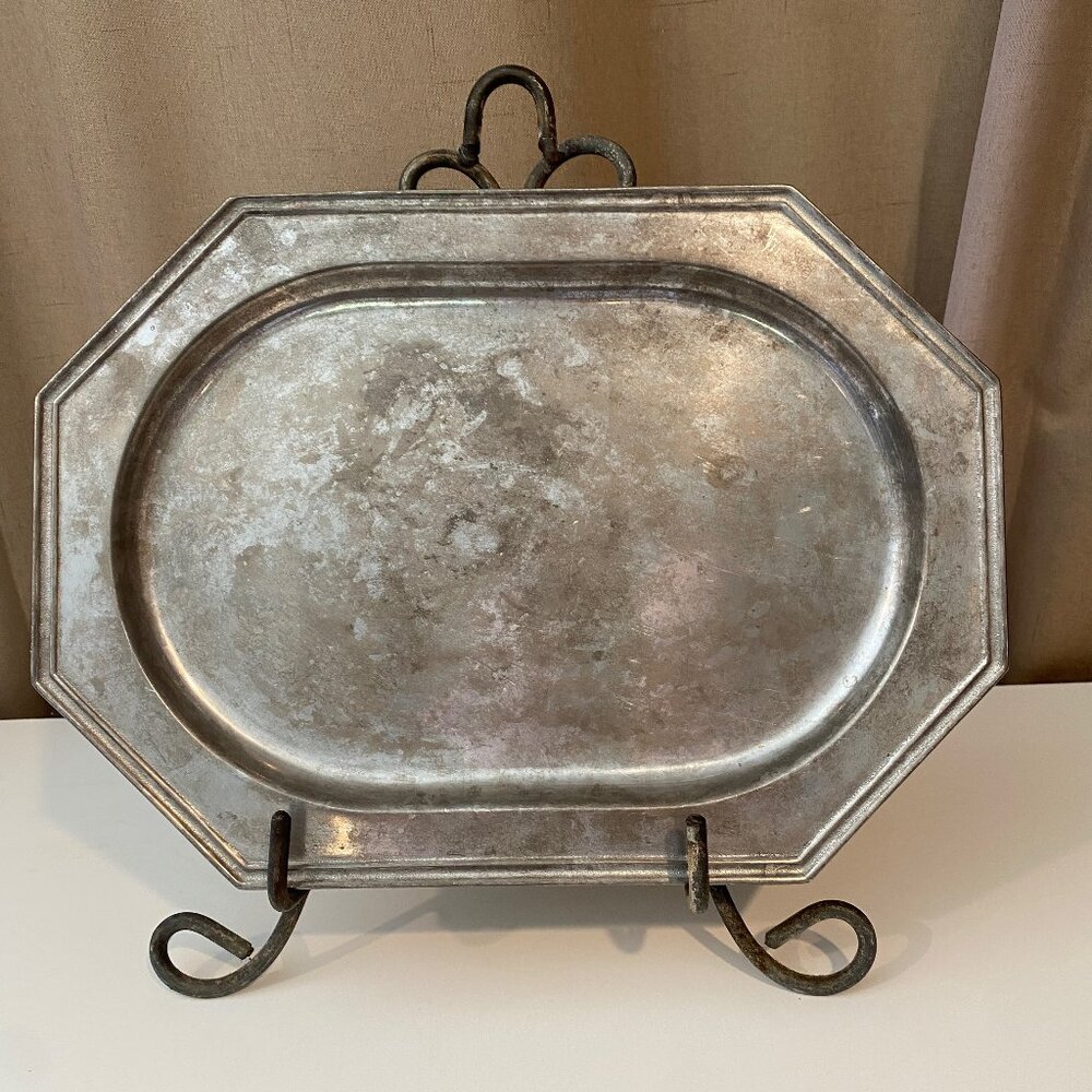 Vtg Wilton Pewter Octagonal Platter Tray 14x10‎ Colonial Style USA